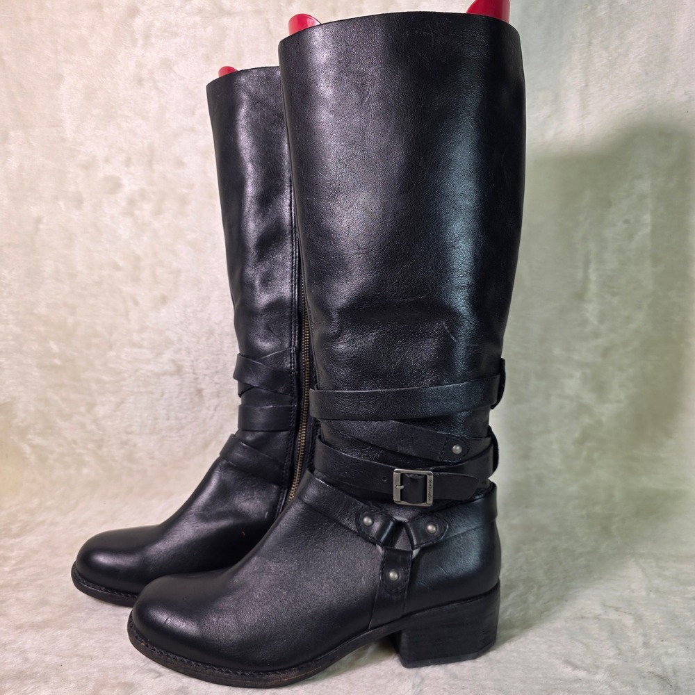 Kork-Ease Tall Moto Harness Riding Boots Black Leather Buckles Womens 8.5